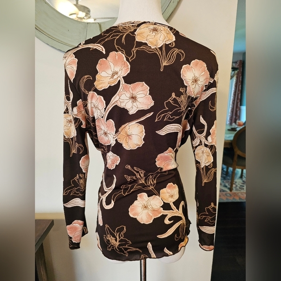 Moa Moa Size Large Vintage Made In USA Chocolate Floral Faux Wrap Fitted Top 90s - Picture 5 of 9